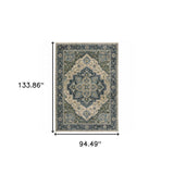 8' X 11' Blue Grey Beige Tan Green And Gold Oriental Power Loom Stain Resistant Area Rug With Fringe - Homeroots - Flyclothing LLC