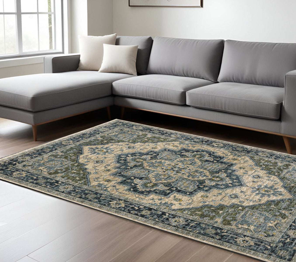 8' X 11' Blue Grey Beige Tan Green And Gold Oriental Power Loom Stain Resistant Area Rug With Fringe - Homeroots - Flyclothing LLC