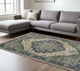 8' X 11' Blue Grey Beige Tan Green And Gold Oriental Power Loom Stain Resistant Area Rug With Fringe - Homeroots - Flyclothing LLC