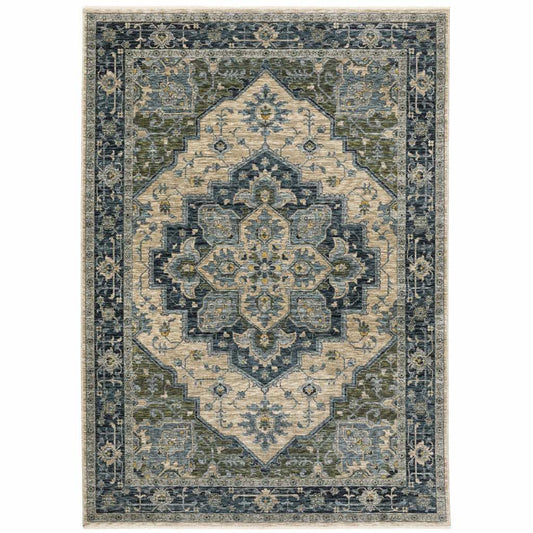 8' X 11' Blue Grey Beige Tan Green And Gold Oriental Power Loom Stain Resistant Area Rug With Fringe - Homeroots - Flyclothing LLC