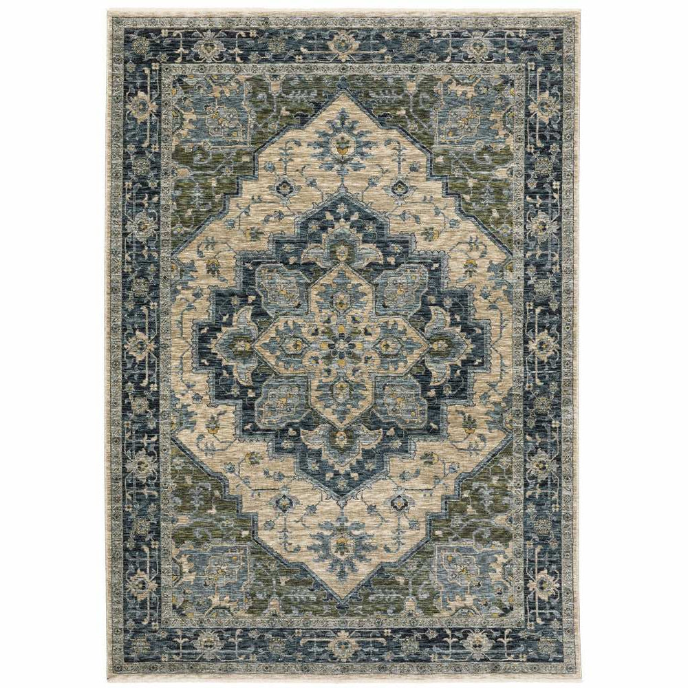 10' X 13' Blue Grey Beige Tan Green And Gold Oriental Power Loom Stain Resistant Area Rug With Fringe - Homeroots - Flyclothing LLC