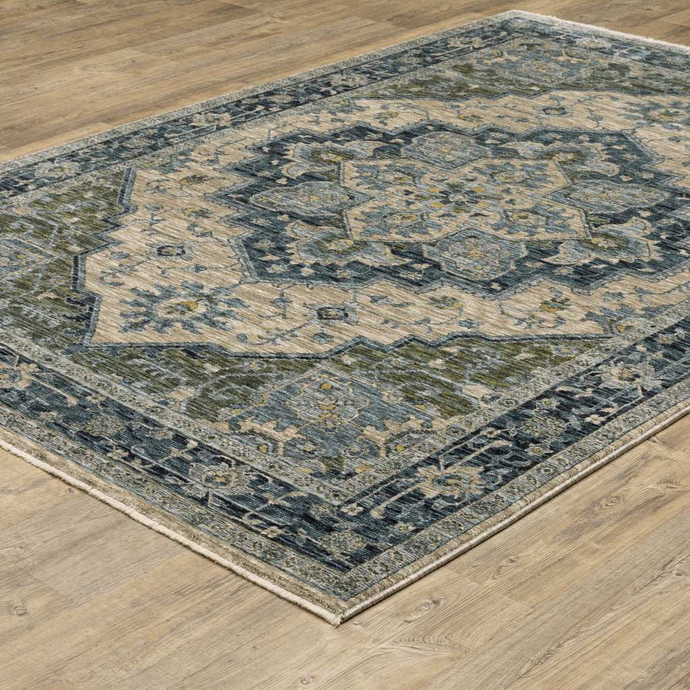 10' X 13' Blue Grey Beige Tan Green And Gold Oriental Power Loom Stain Resistant Area Rug With Fringe - Homeroots - Flyclothing LLC
