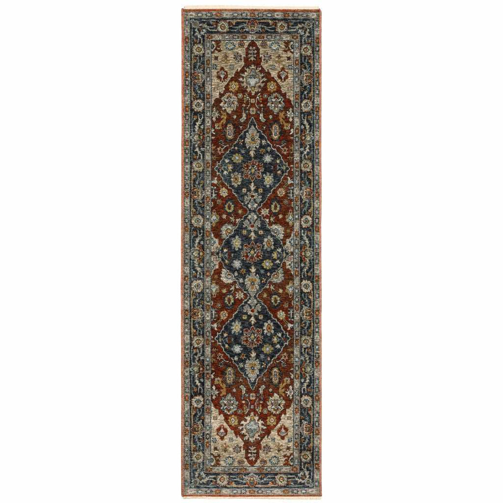 2' X 8' Blue Beige Tan Brown Gold And Rust Red Oriental Power Loom Stain Resistant Runner Rug With Fringe - Homeroots - Flyclothing LLC