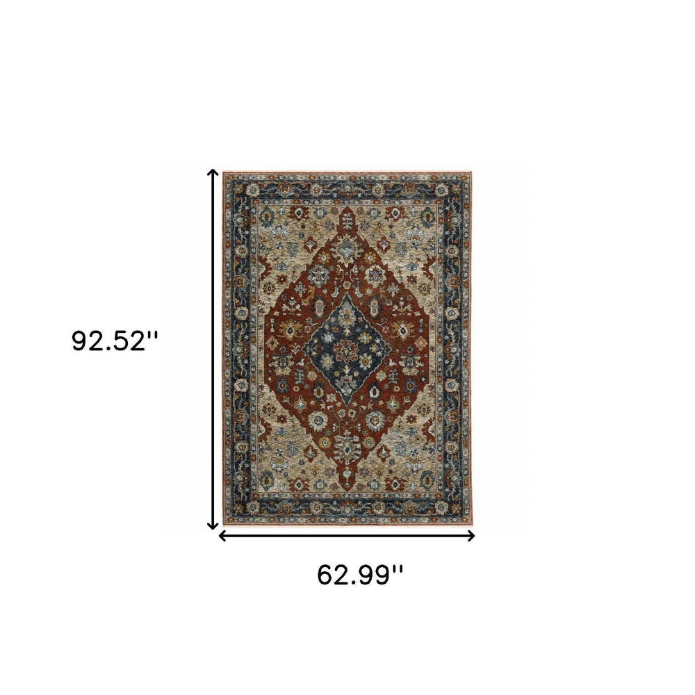 5' X 8' Blue Beige Tan Brown Gold And Rust Red Oriental Power Loom Stain Resistant Area Rug With Fringe - Homeroots - Flyclothing LLC