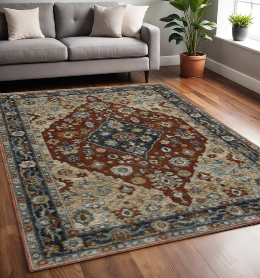 5' X 8' Blue Beige Tan Brown Gold And Rust Red Oriental Power Loom Stain Resistant Area Rug With Fringe - Homeroots - Flyclothing LLC