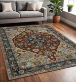 5' X 8' Blue Beige Tan Brown Gold And Rust Red Oriental Power Loom Stain Resistant Area Rug With Fringe - Homeroots - Flyclothing LLC