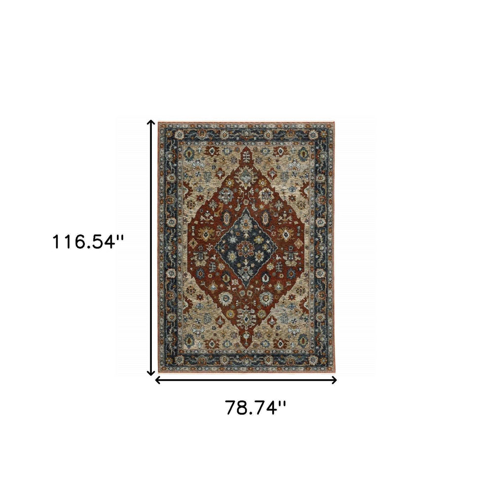 6' X 9' Blue Beige Tan Brown Gold And Rust Red Oriental Power Loom Stain Resistant Area Rug With Fringe - Homeroots - Flyclothing LLC