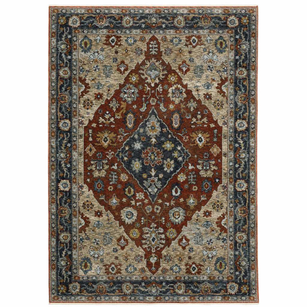 8' X 11' Blue Beige Tan Brown Gold And Rust Red Oriental Power Loom Stain Resistant Area Rug With Fringe - Homeroots - Flyclothing LLC