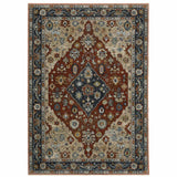 8' X 11' Blue Beige Tan Brown Gold And Rust Red Oriental Power Loom Stain Resistant Area Rug With Fringe - Homeroots - Flyclothing LLC