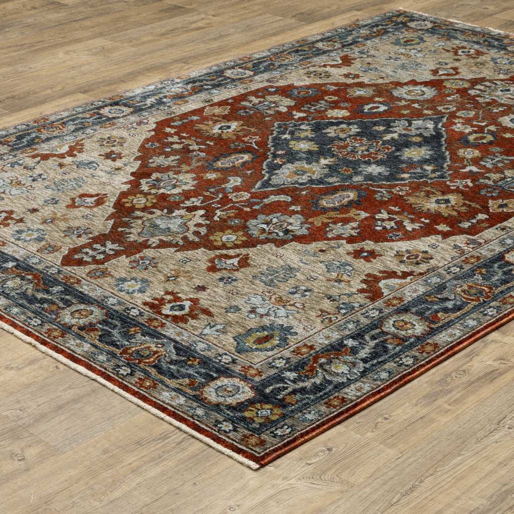 8' X 11' Blue Beige Tan Brown Gold And Rust Red Oriental Power Loom Stain Resistant Area Rug With Fringe - Homeroots - Flyclothing LLC