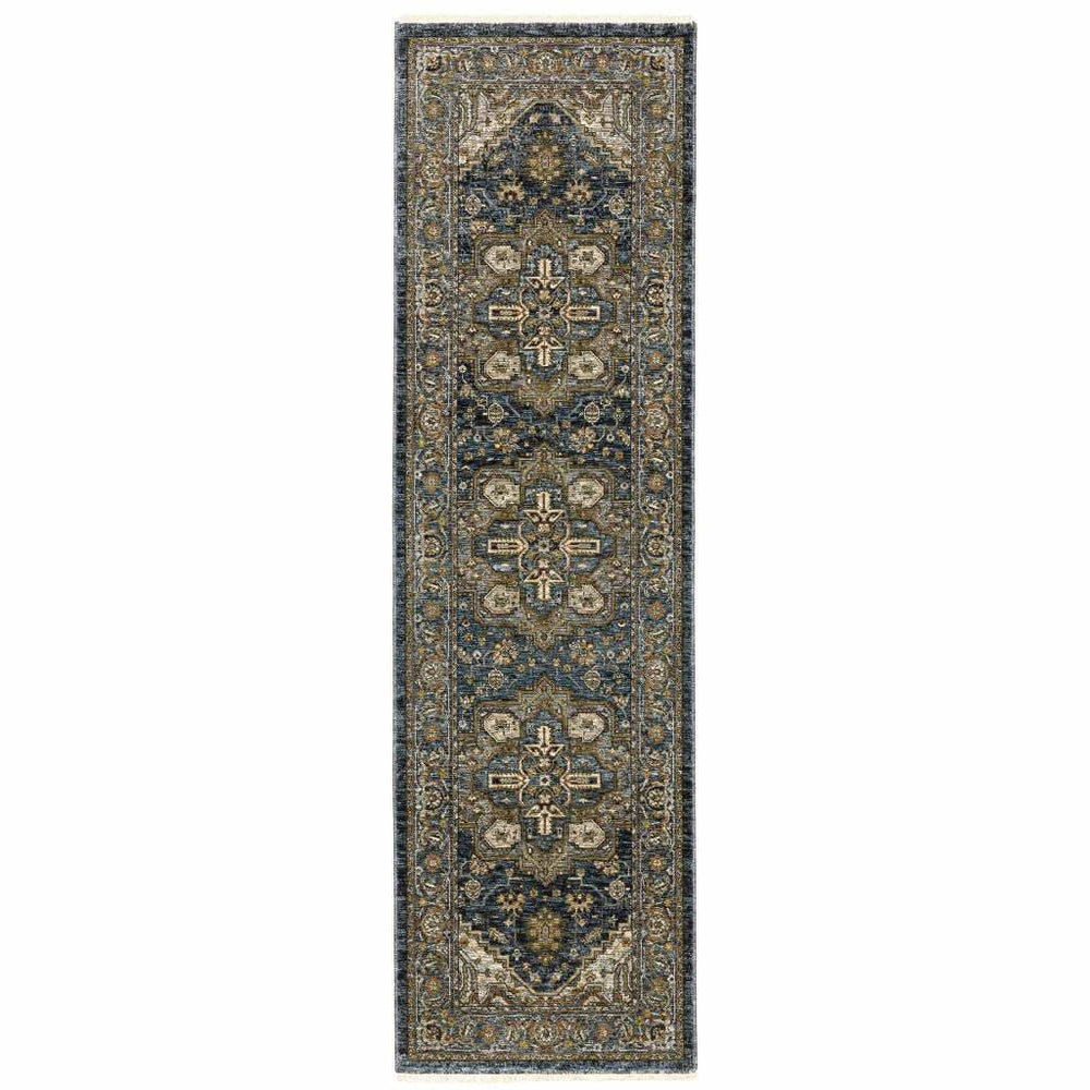 8' Blue and Green Oriental Power Loom Runner Rug - Homeroots - Flyclothing LLC