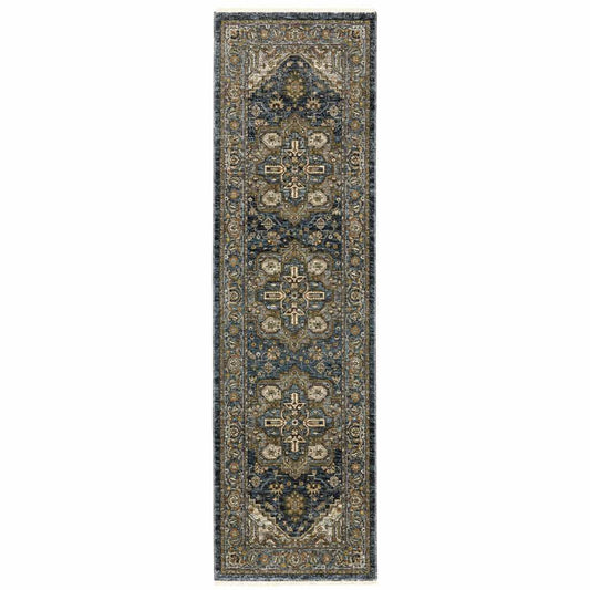 8' Blue and Green Oriental Power Loom Runner Rug - Homeroots - Flyclothing LLC