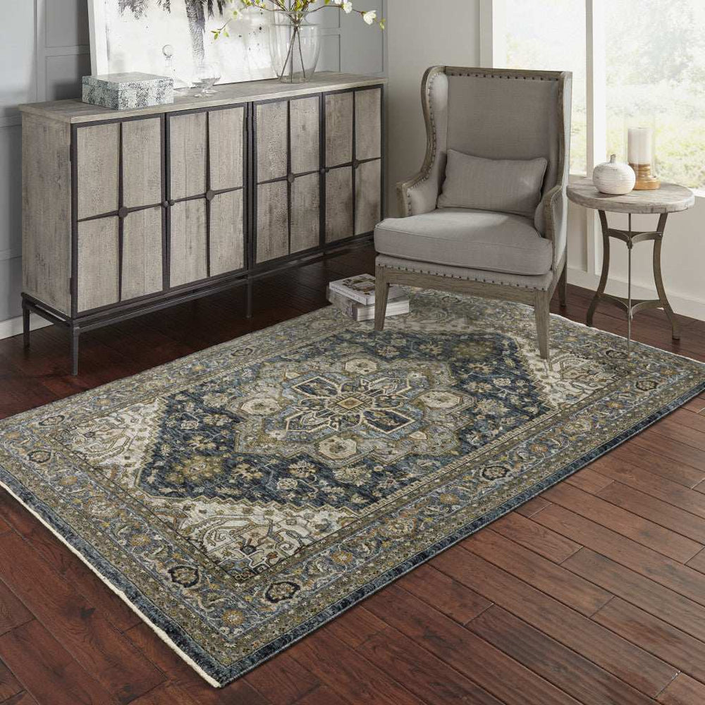 2' X 3' Blue Taupe Grey Green Rust Tan Beige And Gold Oriental Power Loom Stain Resistant Area Rug With Fringe - Homeroots - Flyclothing LLC