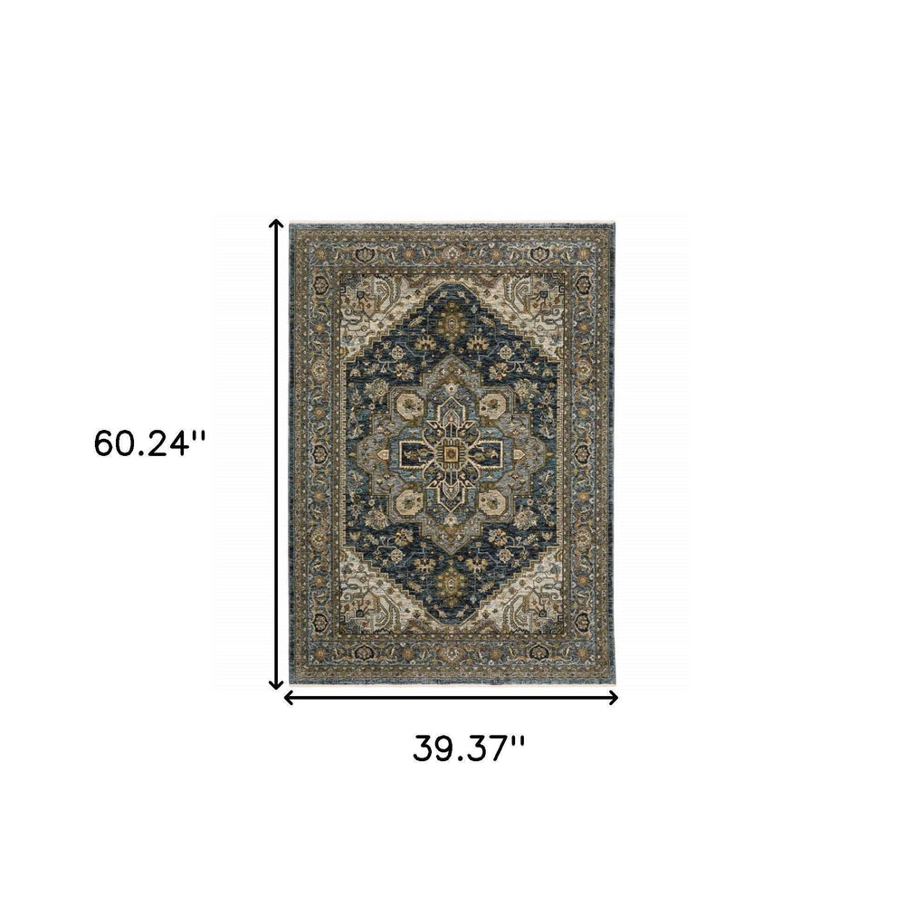 3' X 5' Blue And Green Oriental Power Loom Area Rug With Fringe - Homeroots - Flyclothing LLC