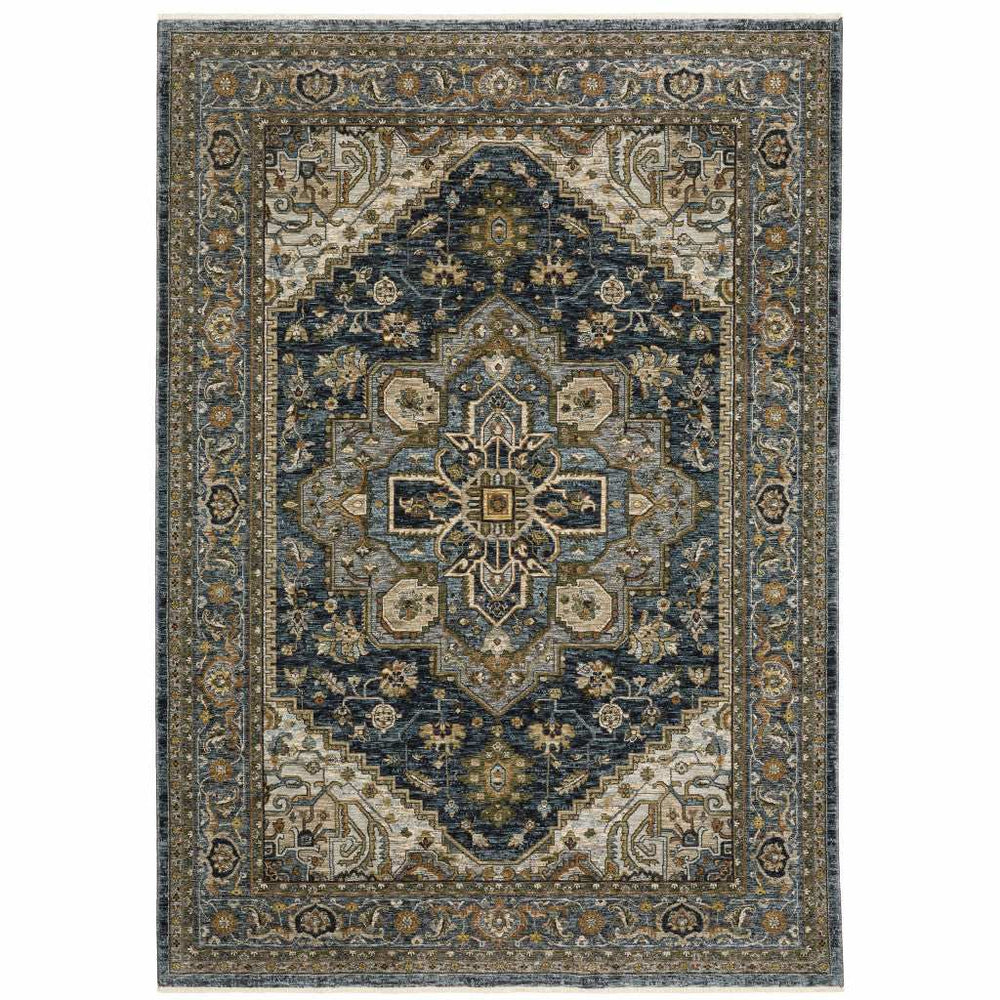 10' X 13' Blue Taupe Grey Green Rust Tan Beige And Gold Oriental Power Loom Stain Resistant Area Rug With Fringe - Homeroots - Flyclothing LLC