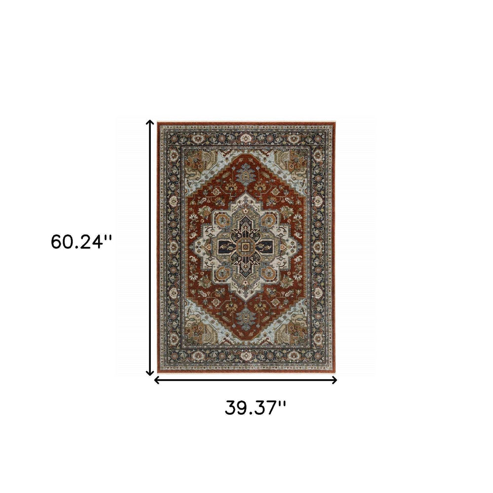 3' X 5' Blue Beige Grey Gold Green And Rust Red Oriental Power Loom Stain Resistant Area Rug With Fringe - Homeroots - Flyclothing LLC