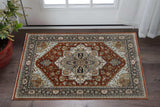 3' X 5' Blue Beige Grey Gold Green And Rust Red Oriental Power Loom Stain Resistant Area Rug With Fringe - Homeroots - Flyclothing LLC
