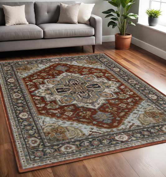 5' X 8' Blue Beige Grey Gold Green And Rust Red Oriental Power Loom Stain Resistant Area Rug With Fringe - Homeroots - Flyclothing LLC