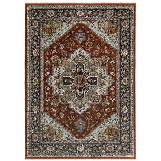 10' X 13' Blue Beige Grey Gold Green And Rust Red Oriental Power Loom Stain Resistant Area Rug With Fringe - Homeroots - Flyclothing LLC