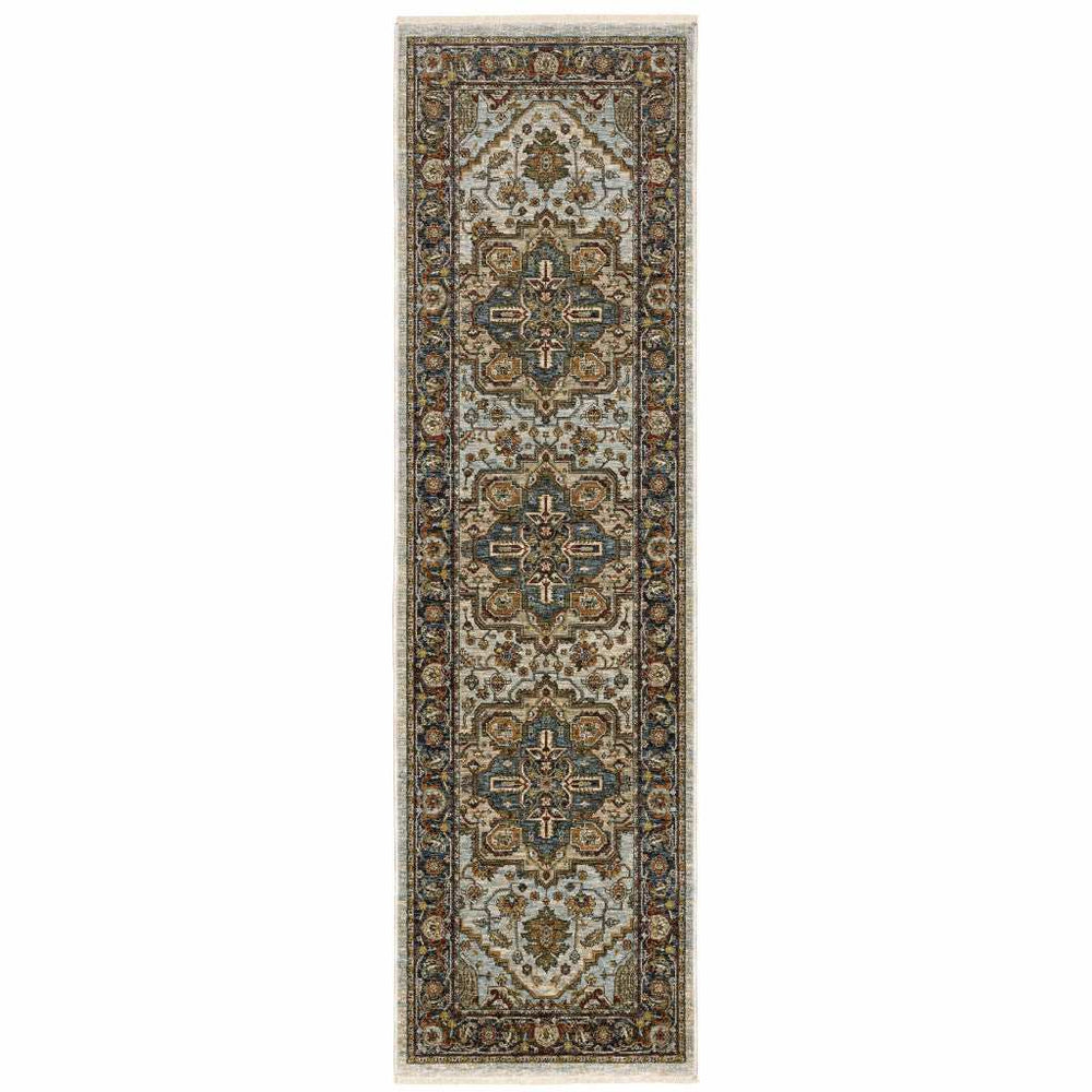 2' X 8' Ivory Beige Blue Orange Gold Green Grey And Rust Oriental Power Loom Stain Resistant Runner Rug With Fringe - Homeroots - Flyclothing LLC