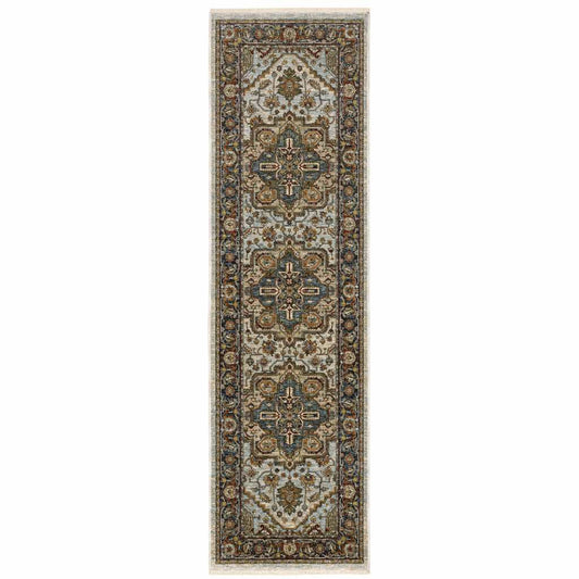 2' X 8' Ivory Beige Blue Orange Gold Green Grey And Rust Oriental Power Loom Stain Resistant Runner Rug With Fringe - Homeroots - Flyclothing LLC