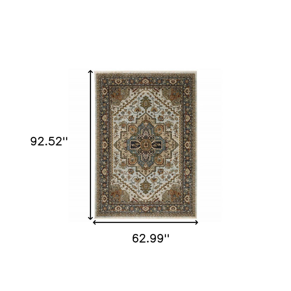 5' X 8' Ivory Beige Blue Orange Gold Green Grey And Rust Oriental Power Loom Stain Resistant Area Rug With Fringe - Homeroots - Flyclothing LLC