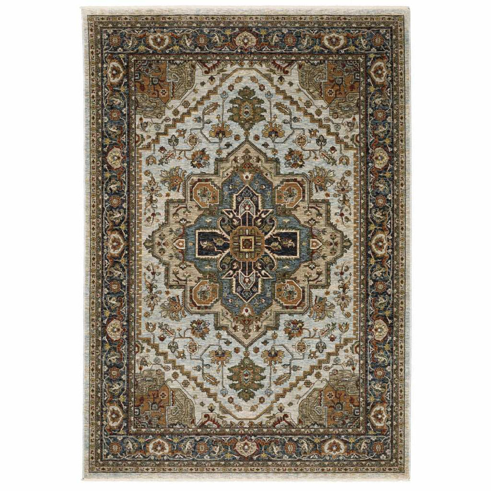 10' X 13' Ivory Beige Blue Orange Gold Green Grey And Rust Oriental Power Loom Stain Resistant Area Rug With Fringe - Homeroots - Flyclothing LLC