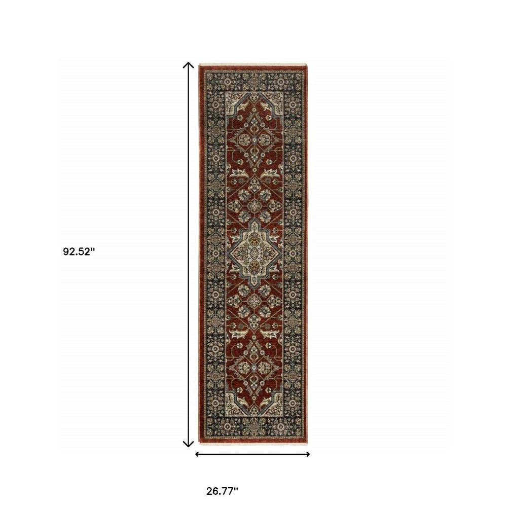 2' X 8' Red Ivory Blue Navy Gold And Grey Oriental Power Loom Stain Resistant Runner Rug With Fringe - Homeroots - Flyclothing LLC