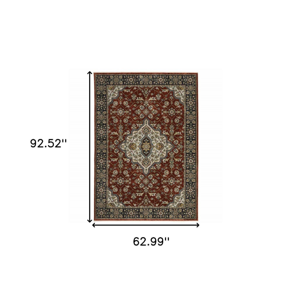 5' X 8' Red Ivory Blue Navy Gold And Grey Oriental Power Loom Stain Resistant Area Rug With Fringe - Homeroots - Flyclothing LLC