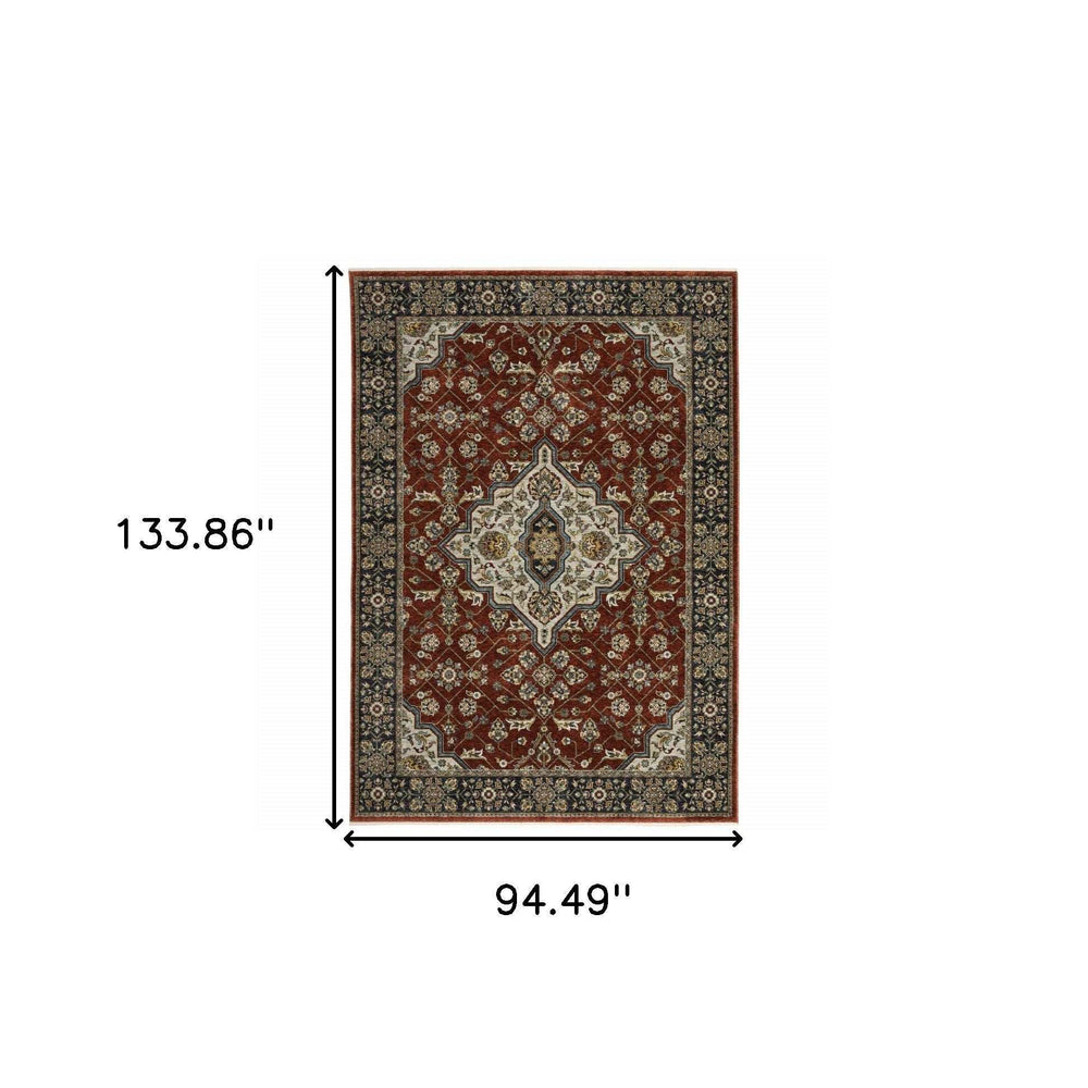 8' X 11' Red Ivory Blue Navy Gold And Grey Oriental Power Loom Stain Resistant Area Rug With Fringe - Homeroots - Flyclothing LLC