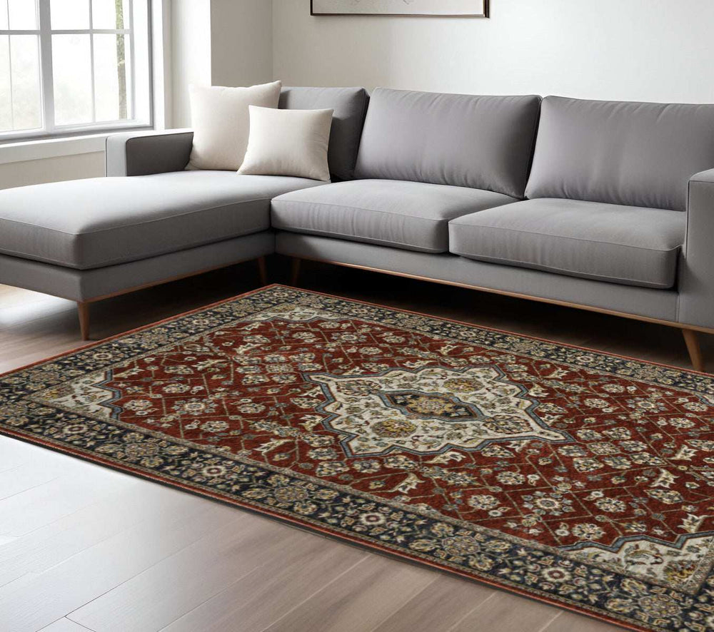 8' X 11' Red Ivory Blue Navy Gold And Grey Oriental Power Loom Stain Resistant Area Rug With Fringe - Homeroots - Flyclothing LLC