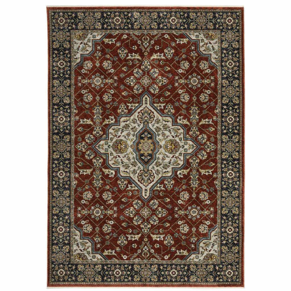 8' X 11' Red Ivory Blue Navy Gold And Grey Oriental Power Loom Stain Resistant Area Rug With Fringe - Homeroots - Flyclothing LLC