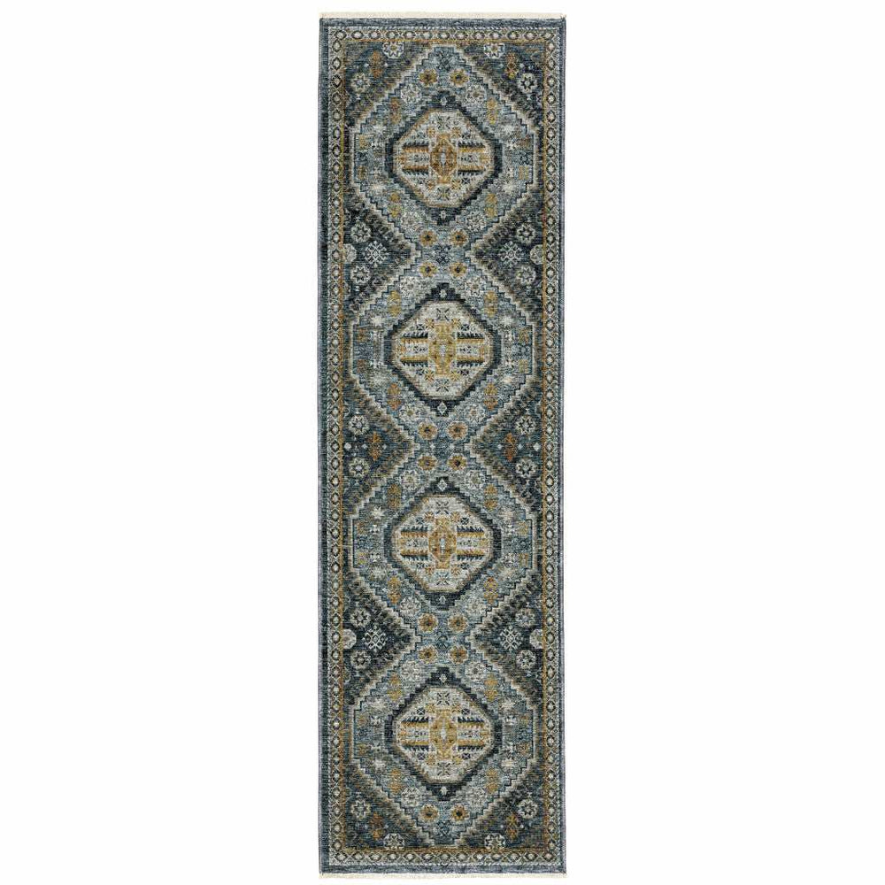 2' X 8' Blue Gold Ivory And Navy Oriental Power Loom Stain Resistant Runner Rug With Fringe - Homeroots - Flyclothing LLC