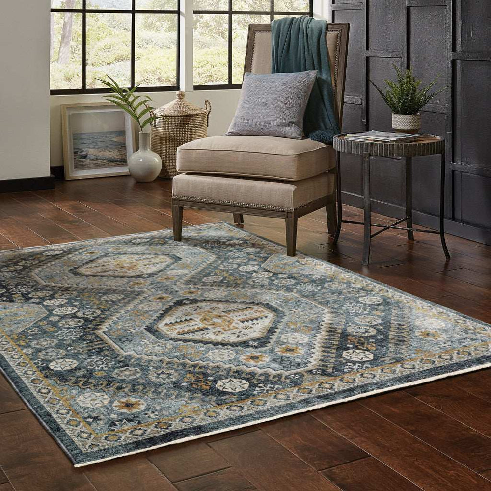 2' X 3' Light Blue Navy Gold Ivory And Grey Oriental Power Loom Stain Resistant Area Rug With Fringe - Homeroots - Flyclothing LLC