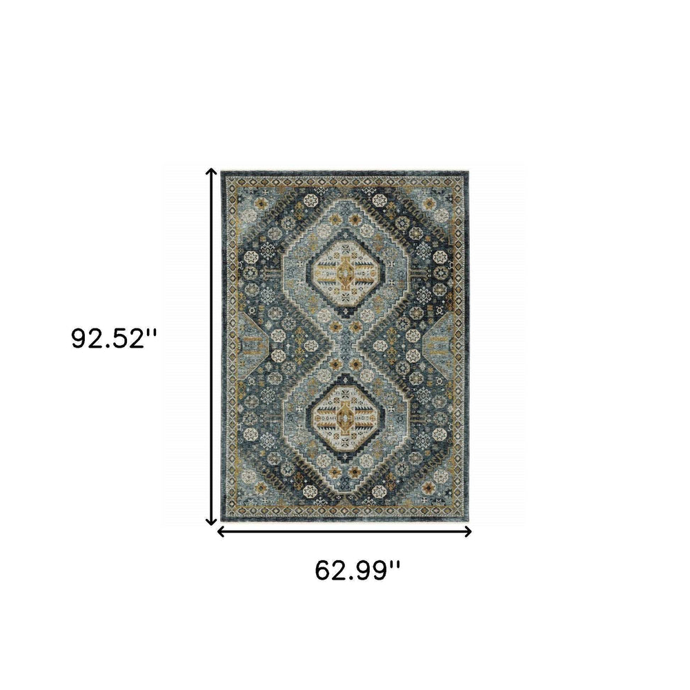 5' X 8' Blue Gold Ivory And Navy Oriental Power Loom Stain Resistant Area Rug With Fringe - Homeroots - Flyclothing LLC