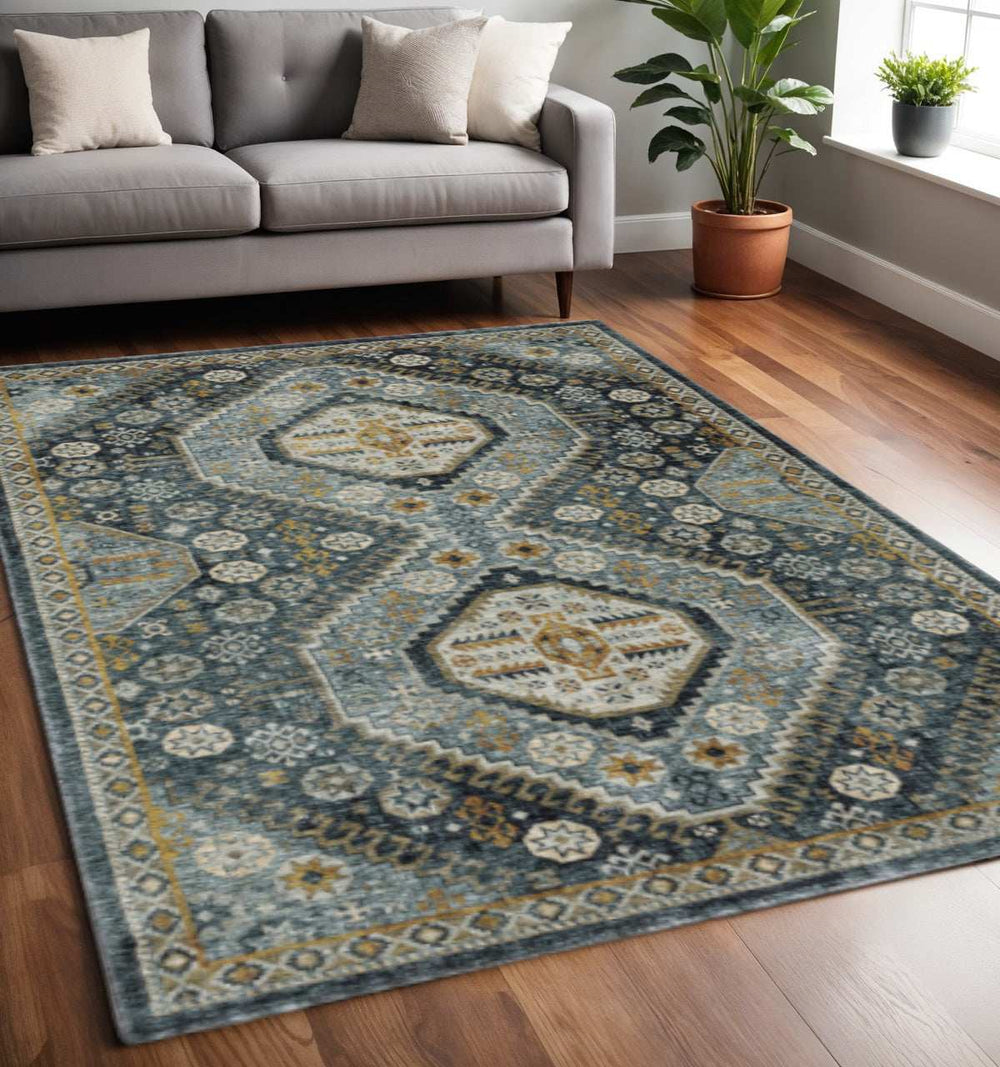 5' X 8' Blue Gold Ivory And Navy Oriental Power Loom Stain Resistant Area Rug With Fringe - Homeroots - Flyclothing LLC