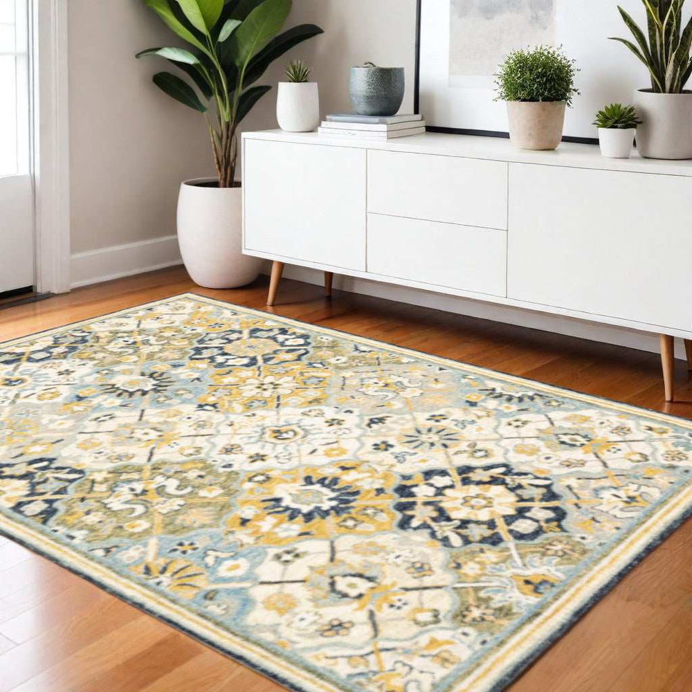 4' X 6' Blue Green Gold Navy And Ivory Geometric Tufted Handmade Stain Resistant Area Rug - Homeroots - Flyclothing LLC