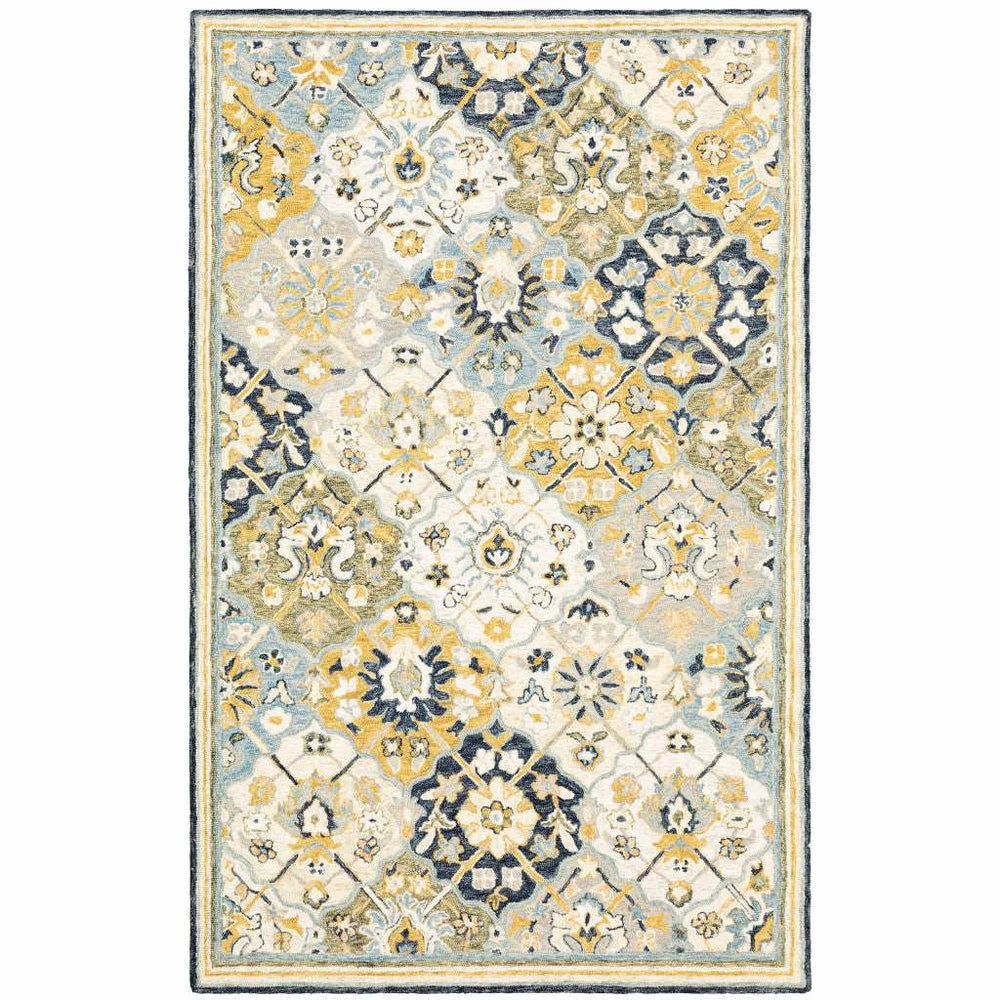 5' X 8' Blue Green Gold Navy And Ivory Geometric Tufted Handmade Stain Resistant Area Rug - Homeroots - Flyclothing LLC