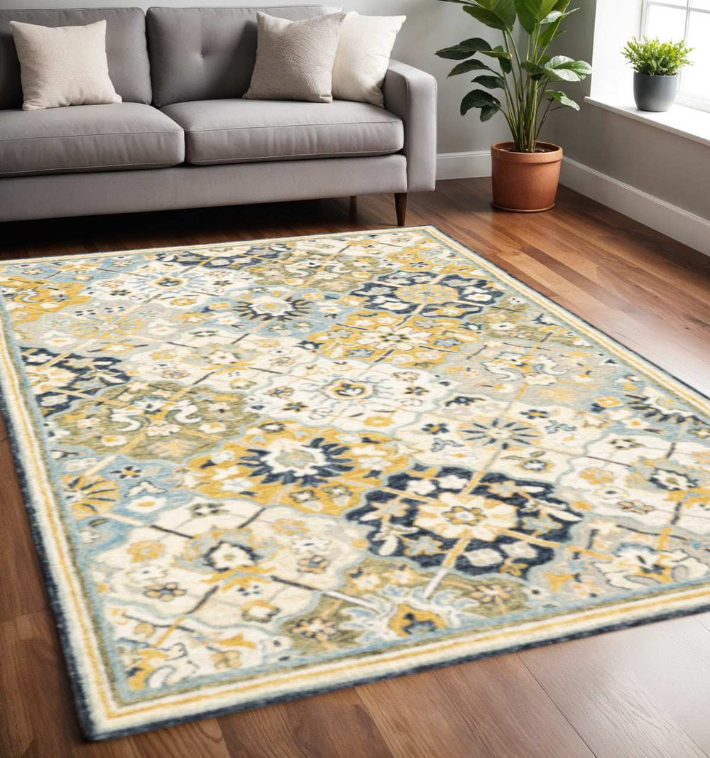 5' X 8' Blue Green Gold Navy And Ivory Geometric Tufted Handmade Stain Resistant Area Rug - Homeroots - Flyclothing LLC