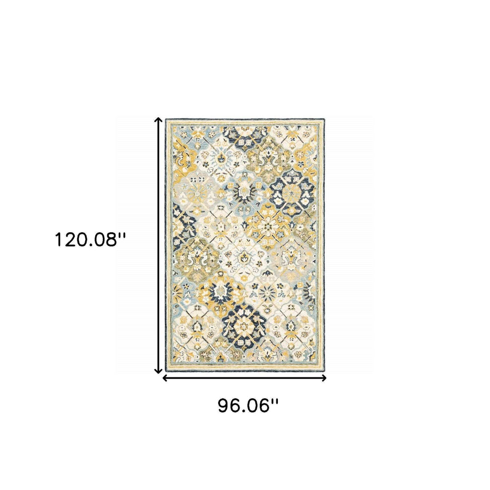 8' X 10' Blue Green Gold Navy And Ivory Geometric Tufted Handmade Stain Resistant Area Rug - Homeroots - Flyclothing LLC