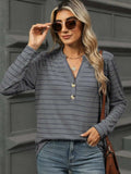 Striped Notched Long Sleeve T-Shirt - Trendsi - Flyclothing LLC