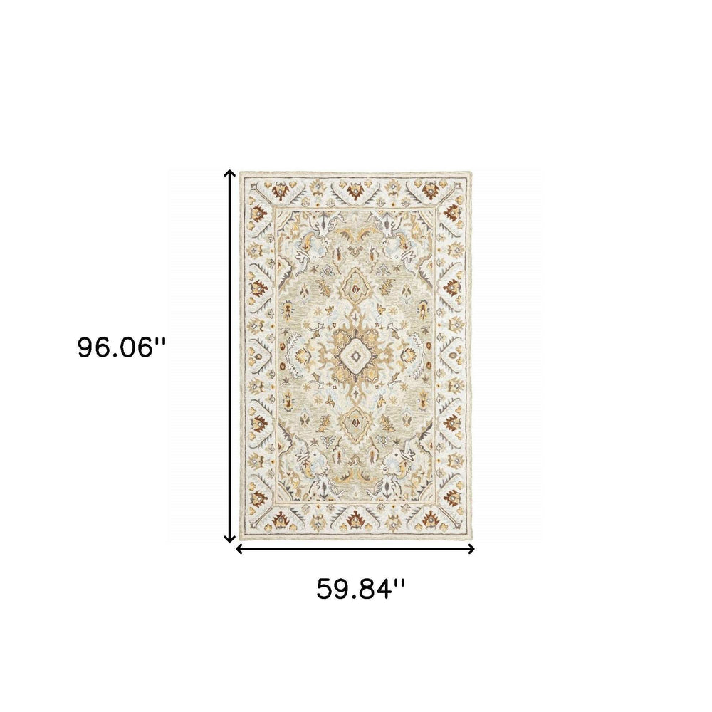 5' X 8' Ivory Beige Gold And Muted Grey Oriental Tufted Handmade Stain Resistant Area Rug - Homeroots - Flyclothing LLC