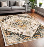 5' X 8' Ivory Charcoal Gold Clay And Muted Blue Oriental Tufted Handmade Stain Resistant Area Rug - Homeroots - Flyclothing LLC