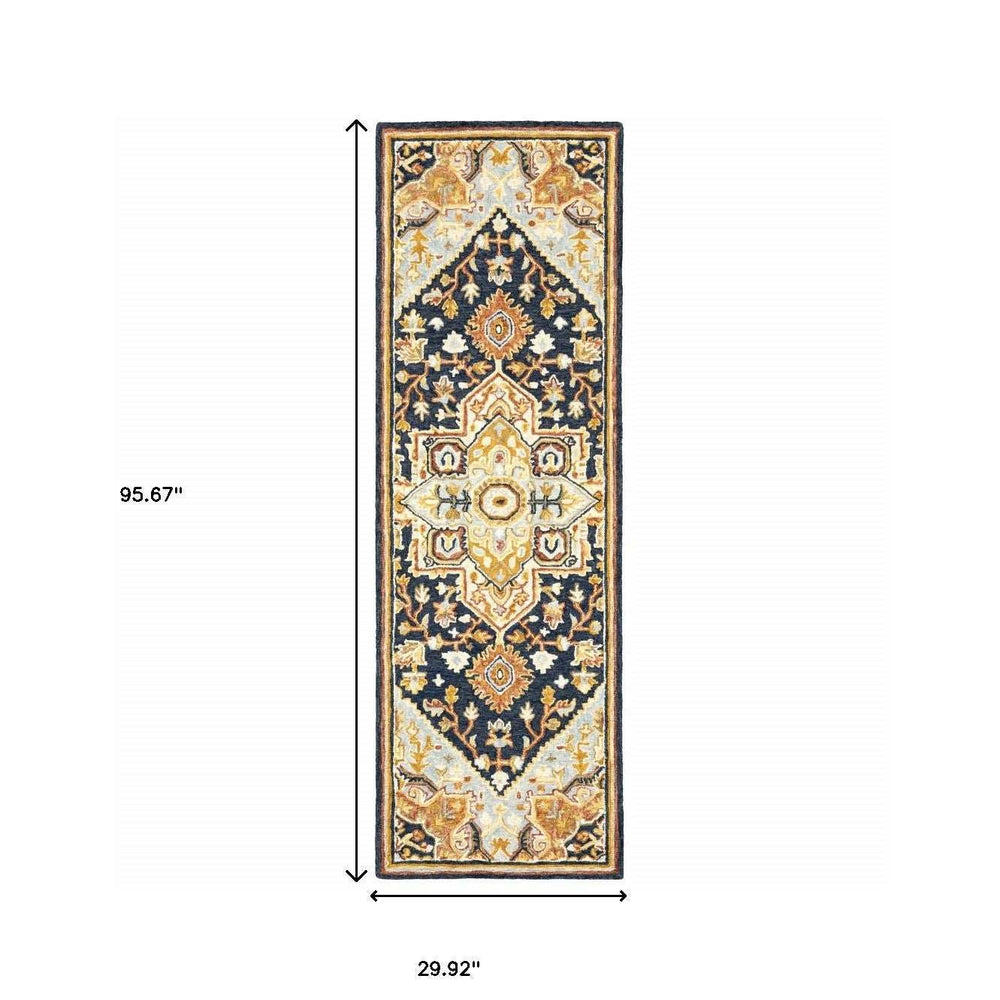 2' X 8' Navy Rust Blue Ivory And Gold Oriental Tufted Handmade Stain Resistant Runner Rug - Homeroots - Flyclothing LLC