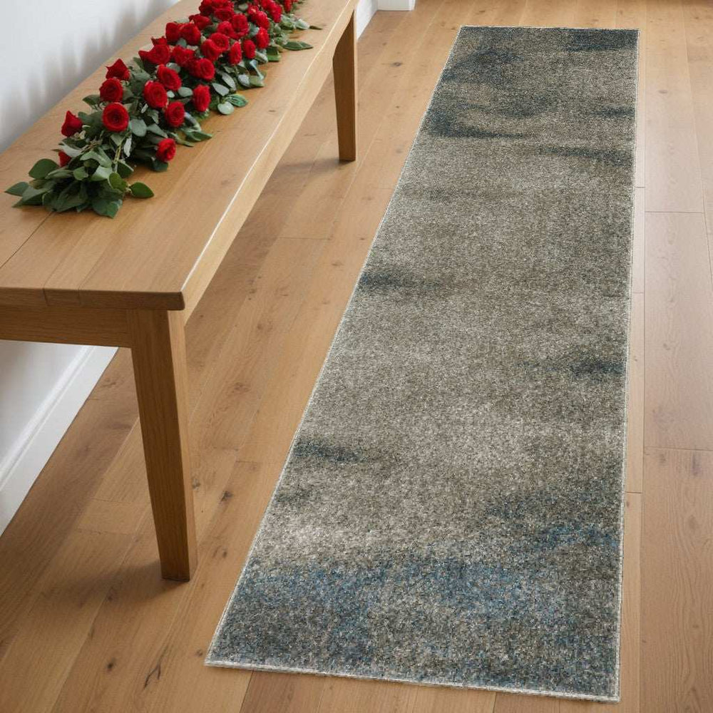 8' Runner Grey and Teal Blue Abstract Power Loom Runner Rug - Homeroots - Flyclothing LLC