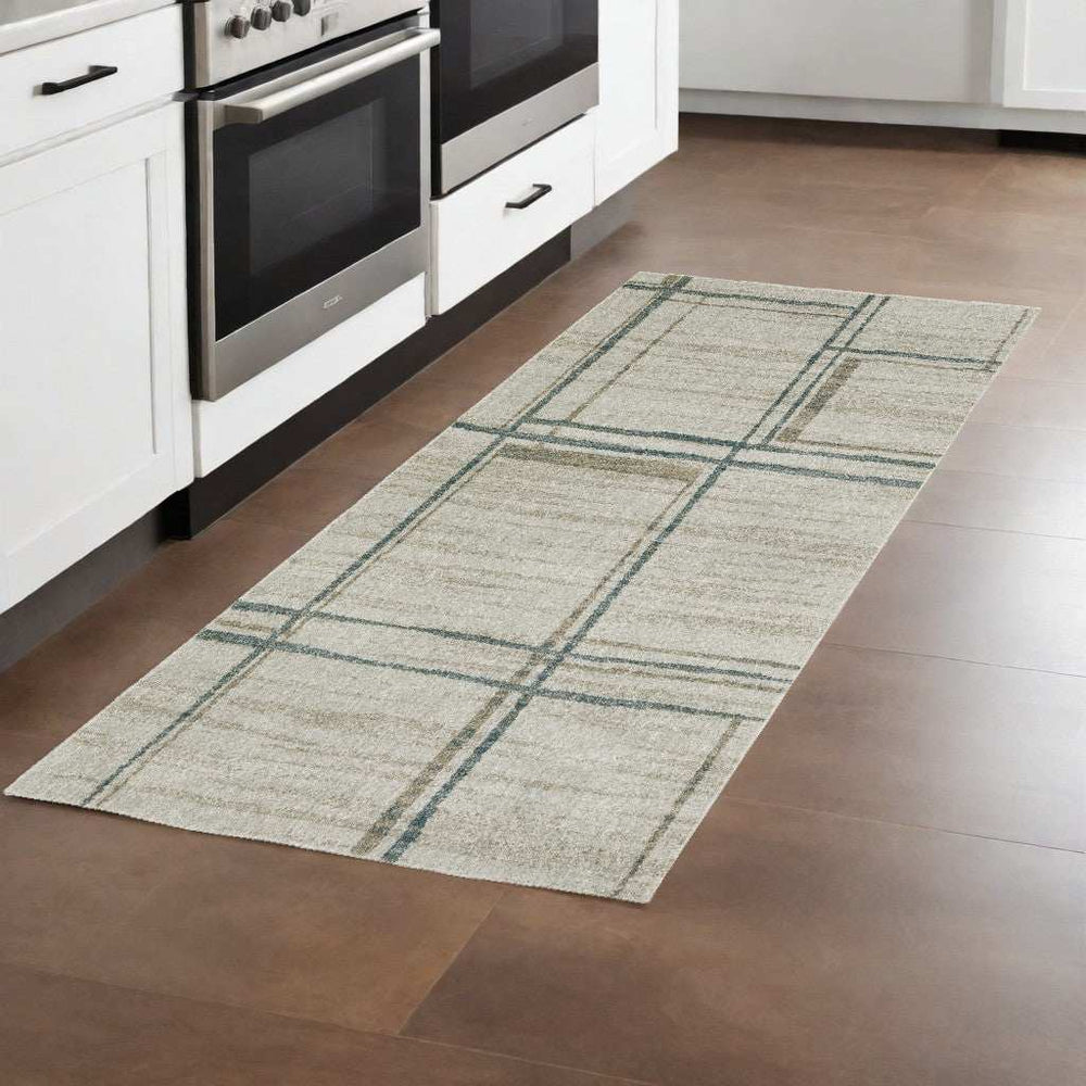 8' Runner Grey Teal Beige and Tan Geometric Power Loom Runner Rug - Homeroots - Flyclothing LLC