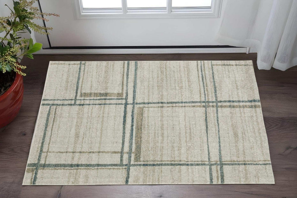 3' X 5' Grey Teal Beige and Tan Geometric Power Loom Area Rug - Homeroots - Flyclothing LLC
