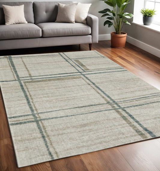 5' X 8' Grey Teal Beige and Tan Geometric Power Loom Area Rug - Homeroots - Flyclothing LLC