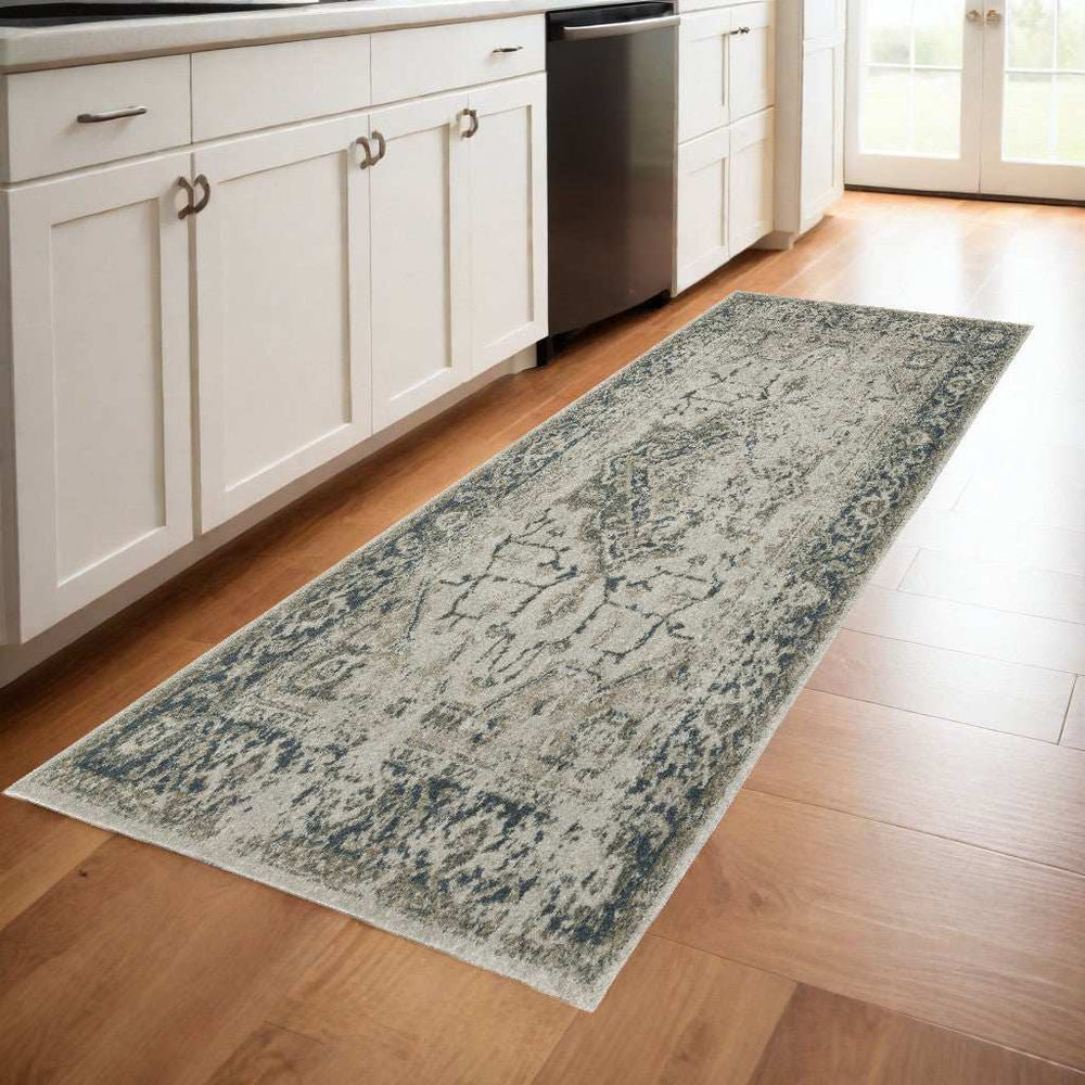 8' Runner Blue and Gray Oriental Power Loom Runner Rug - Homeroots - Flyclothing LLC