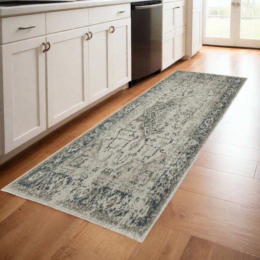8' Runner Blue and Gray Oriental Power Loom Runner Rug - Homeroots - Flyclothing LLC